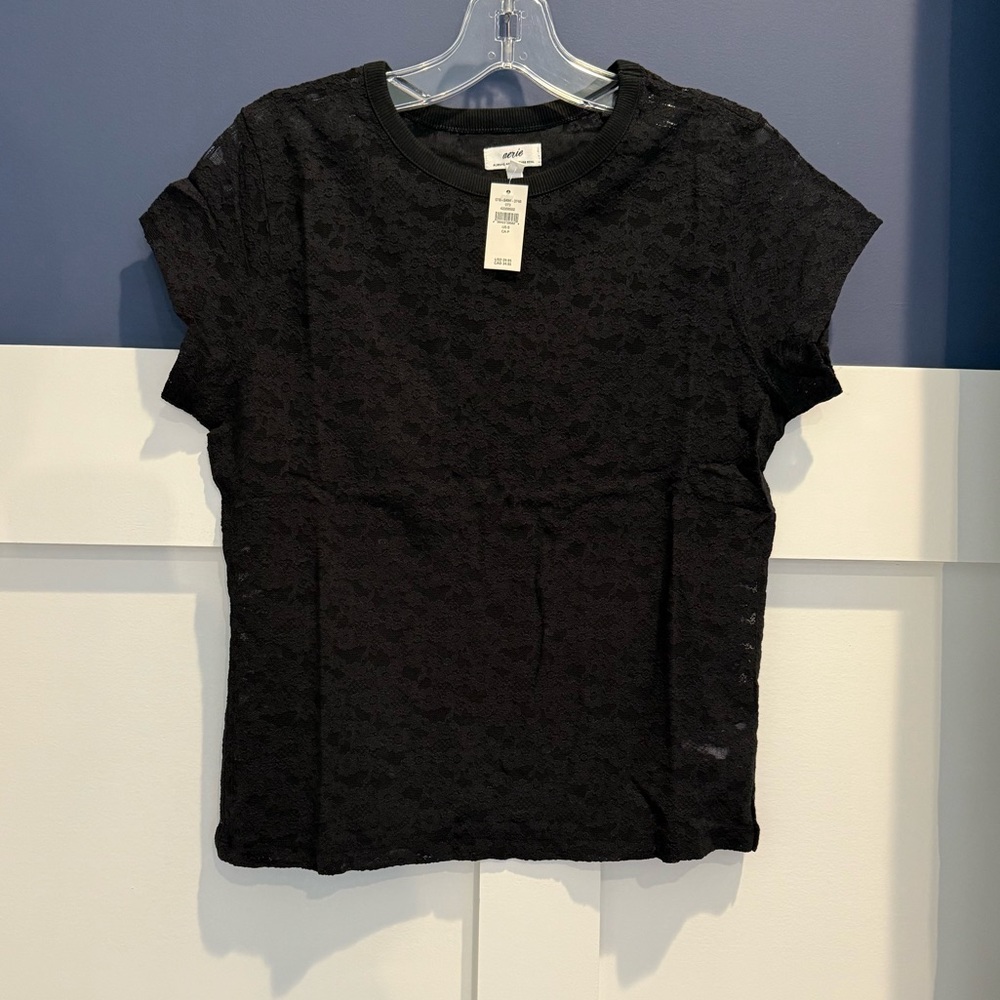 aerie Black vintage Lace Short-Sleeve Tee Size S NWT